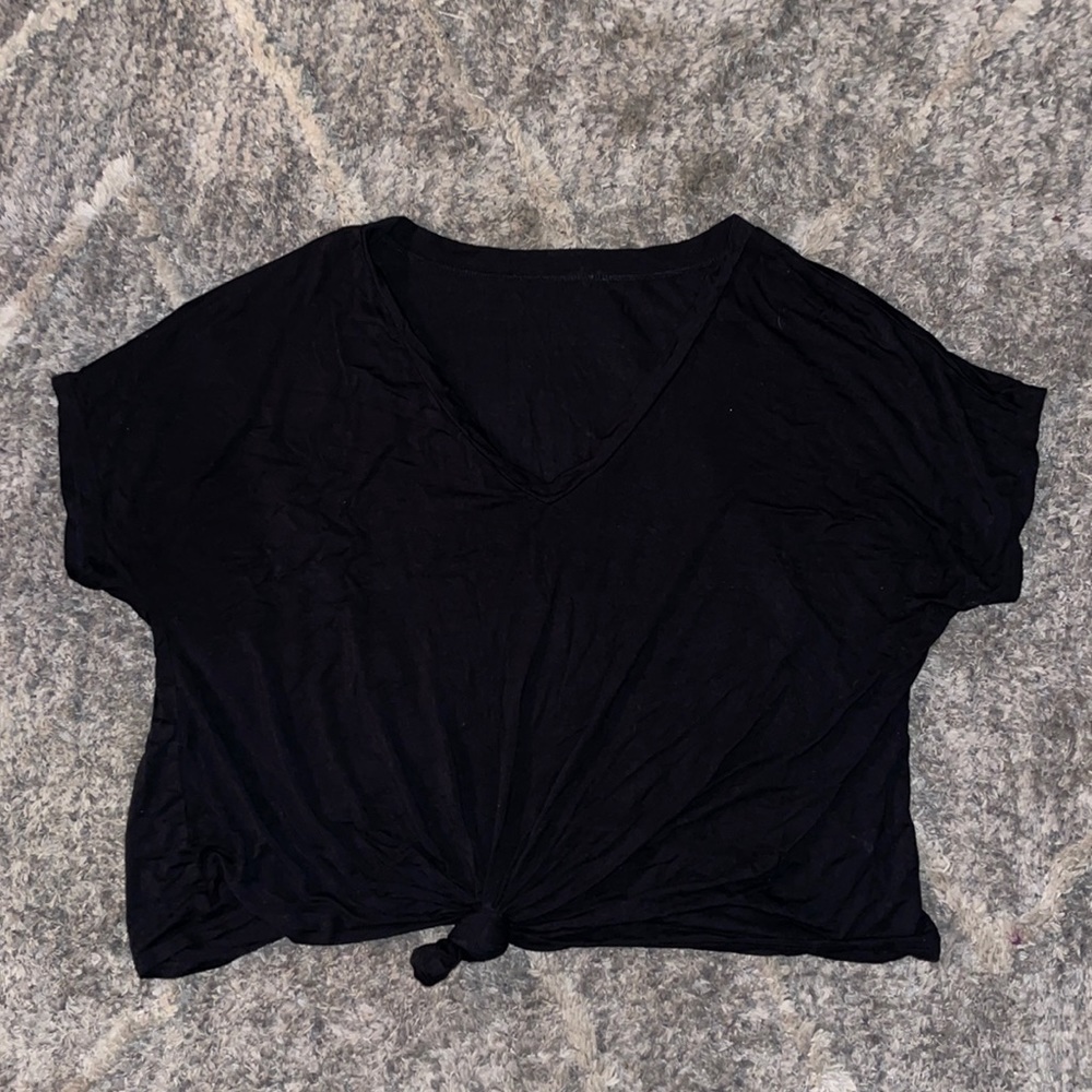 Black crop top tie front shirt. SIZE LARGE. Very soft.